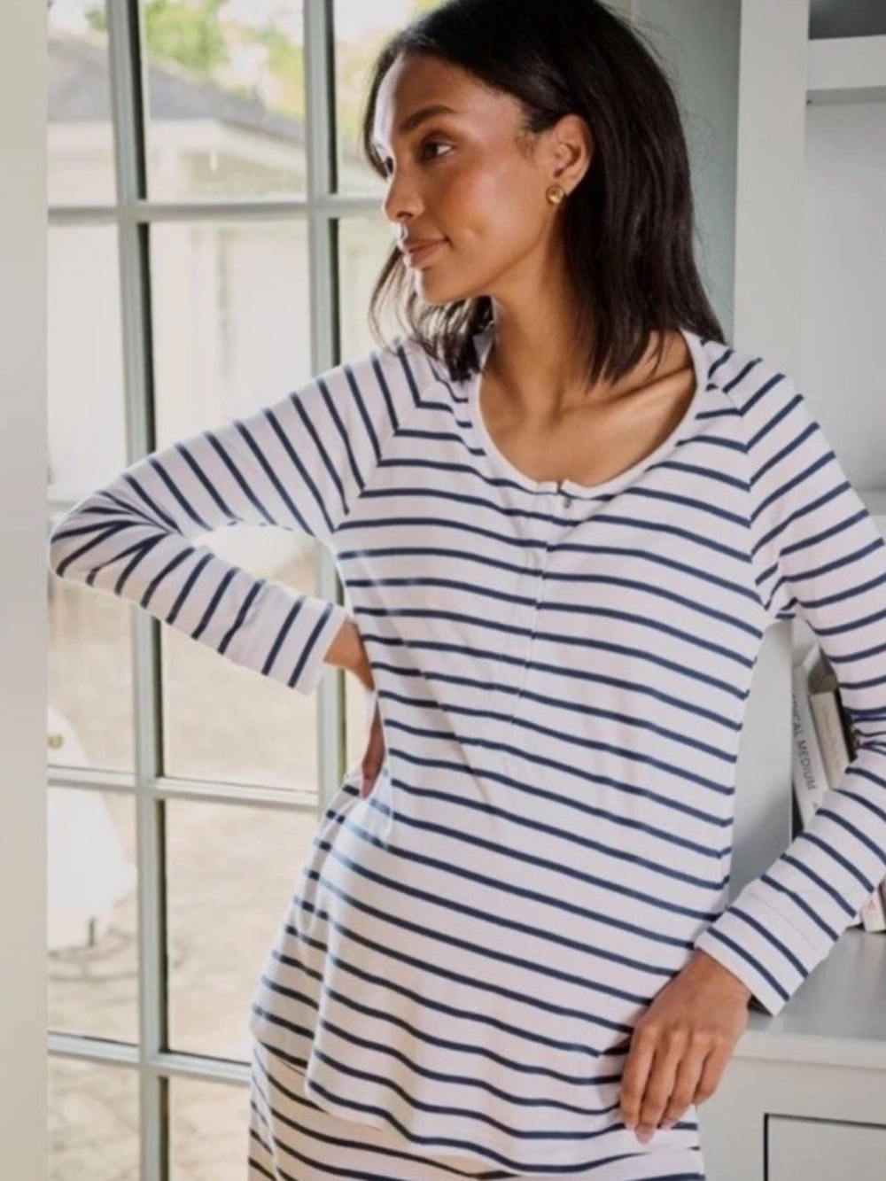 LAKE Pima Maternity Long Sleeve Raglan Pant Set Navy & White Set Size XXS